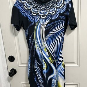 Just Cavalli Black and Blue Feather Print Dress